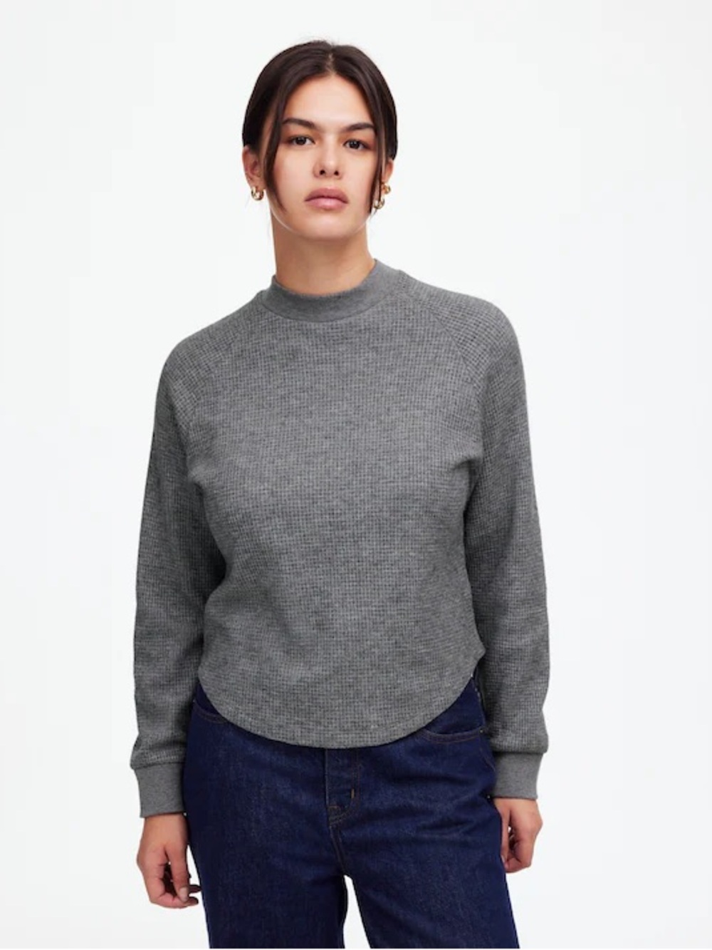 Madewell Waffle Knit Long Sleeve Crewneck Tee Sweatshirt Heather Gray NS606 Med